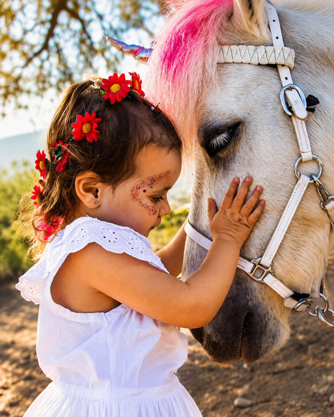 Toddler in flower crown connecting with a pony at Paradise Stables