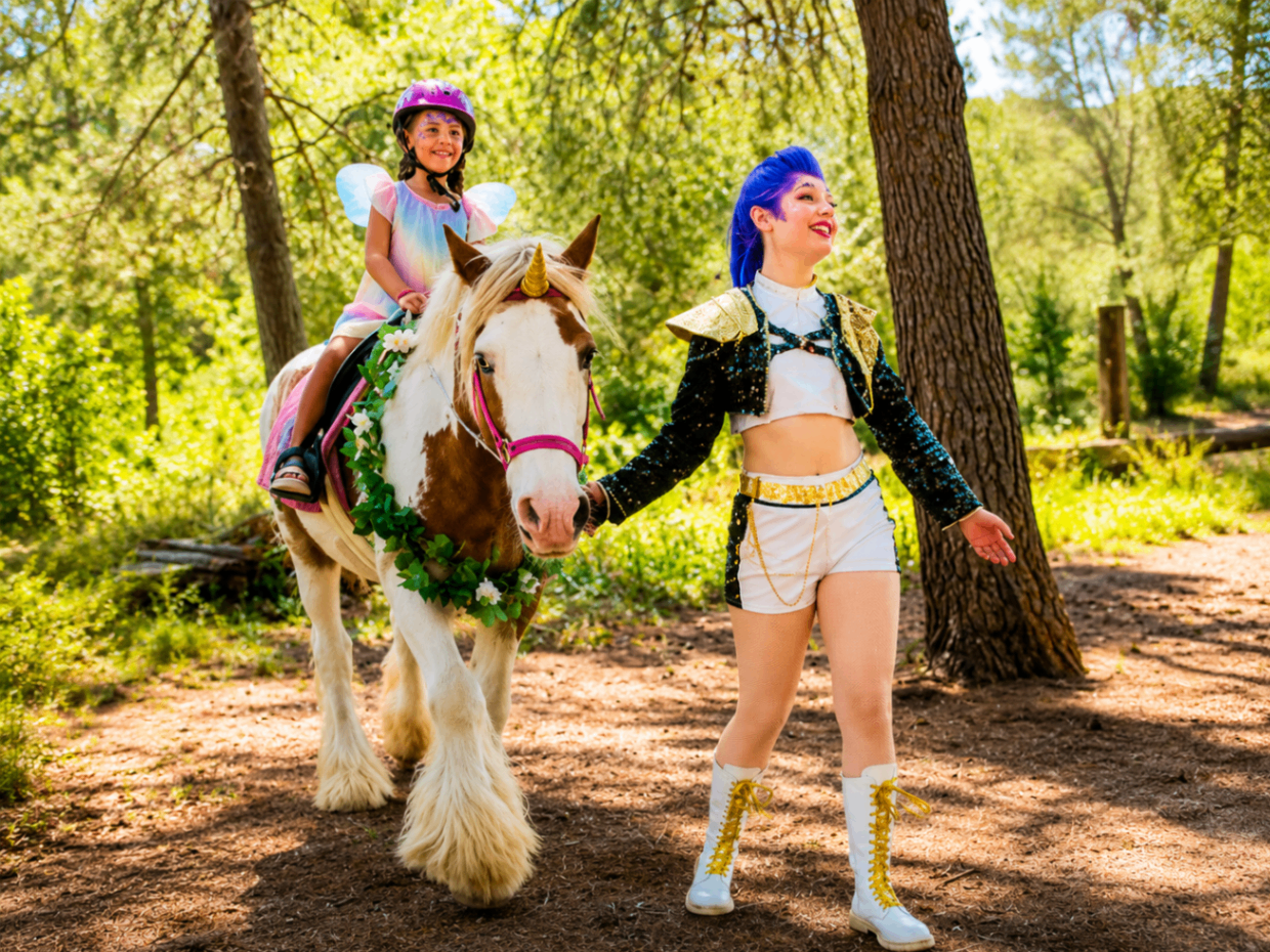 Child in fairy costume on a unicorn-themed pony walking a forest trail with a themed guide