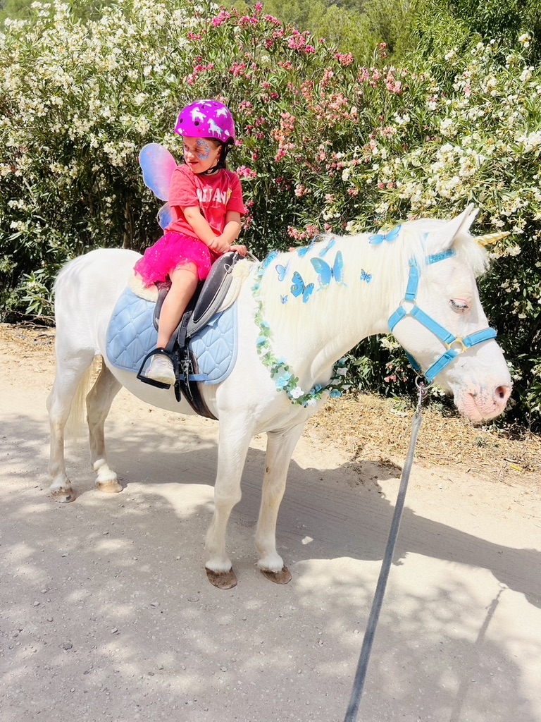 Child in fairy wings on a decorated unicorn pony at Paradise Stables