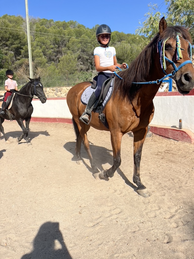 Young rider smiling on a bay horse during a lesson at Paradise Stables